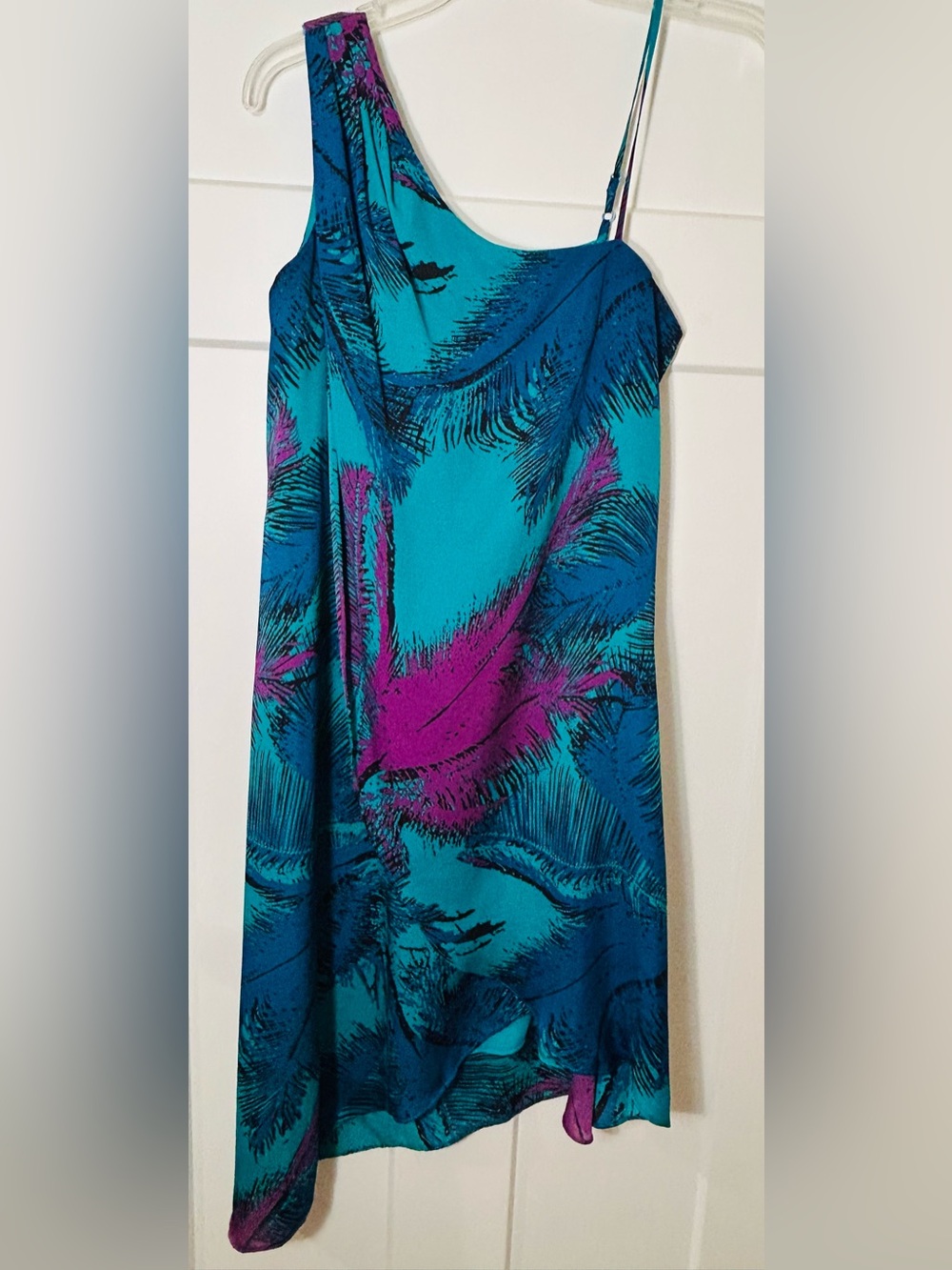 Max & Cleo Teal and Magenta One-Shoulder Tropical Dress